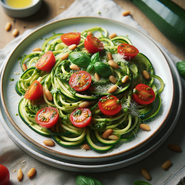 Spiral Delight: Zucchini Noodles with Pesto & Cherry Tomatoes